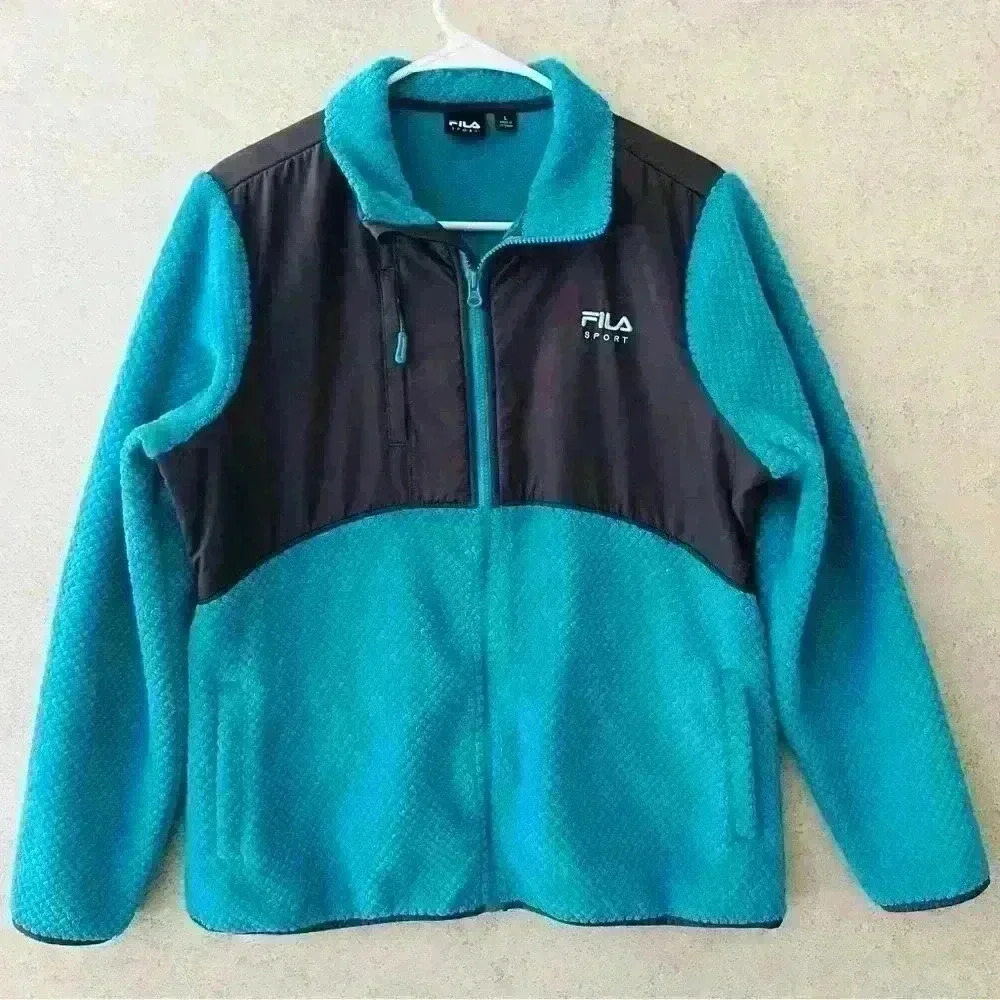 FILA WOMENS SPORT WARM FLEECE ATHLETIC POCKETED PATTERNED‎ ZIPPERED JACKET. SZ L